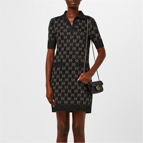 GUCCI - Knitted Polo Dress With Metallic Gg Print