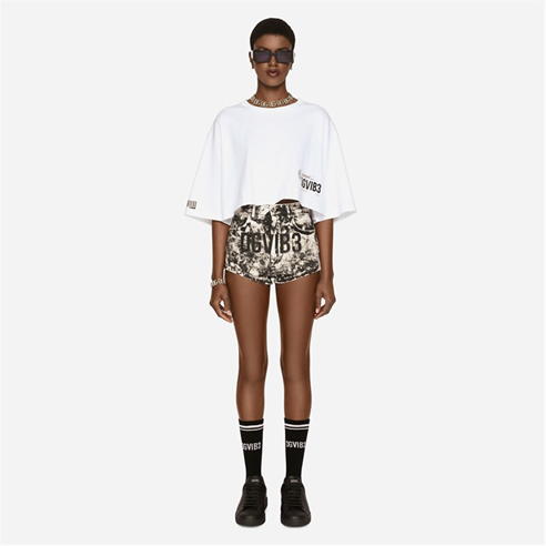 DOLCE AND GABBANA - Dg Vib3 Cropped Short-Sleeved Cotton Jersey T-Shirt