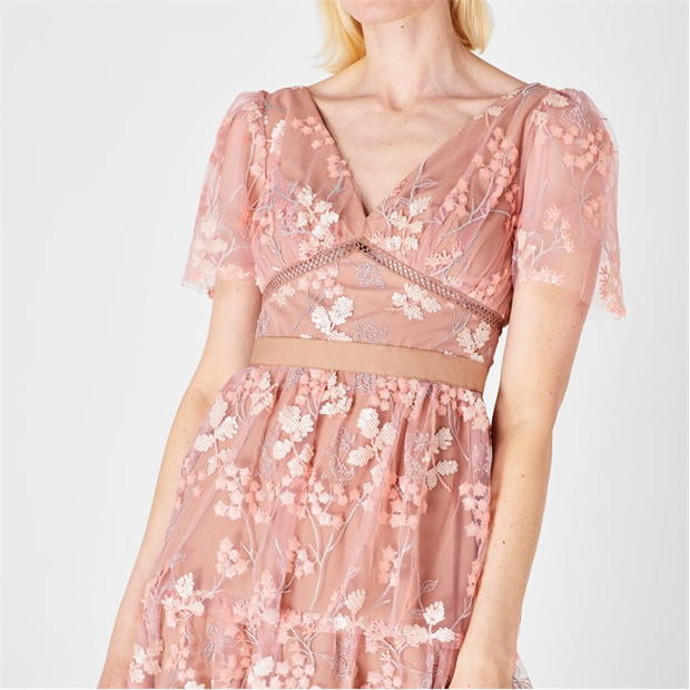 Self Portrait Flower Mesh Tiered Midi Dress Cruise Fashion